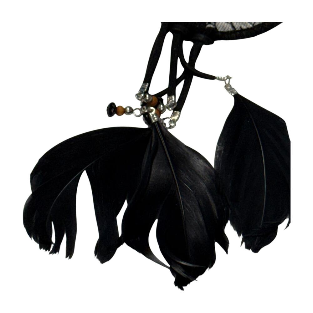 Black Crescent Moon Dream Catcher Black Feathers Boho Gothic Decor - Picture 6 of 8